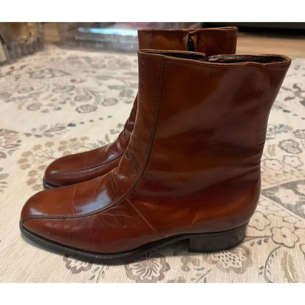 Vintage Florsheim Imperial Duke Zip Boots Cognac Kidskin Leather 7.5D Near Mint